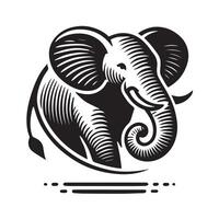 A striking black and white silhouette of an elephant, rendered in a vintage or graphic design style. vector