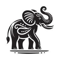 A stylized, black and white graphic design showcases a mother elephant and her calf, adorned with intricate floral and paisley patterns, reminiscent of Indian henna or decorative art. vector