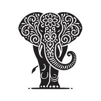 black and white silhouette of an elephant standing on a circular platform. vector