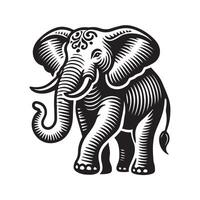A bold, stylized black and white silhouette of an elephant standing on a circular platform. vector