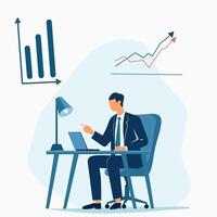 An illustration of a businessman sitting at a desk analyzing data with charts and graphs displayed in the background, symbolizing data analysis and professional work vector