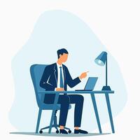 A professional businessman sitting at a desk under a lamp, holding a document, representing focused work, office tasks, and business productivity vector