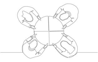 Continuous one line drawing of group of colleagues connecting pieces of pie chart together, division of work within the team, teamwork and cooperation concept, single line art vector