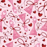 valentines day seamless pattern with chess pieces namely pink elephant with red bow and red hearts on a pink background, for patterns, textile or packaging vector