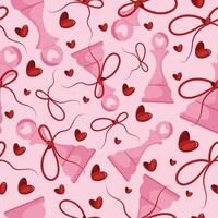 valentines day seamless pattern with chess pieces namely pink pawn with red bow and red hearts on a pink background, for patterns, textile or packaging vector