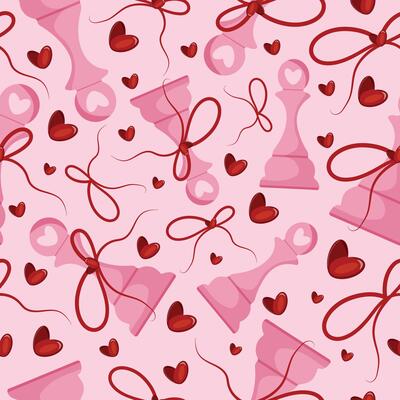 valentines day seamless pattern with chess pieces namely pink pawn with red bow and red hearts on a pink background, for patterns, textile or packaging