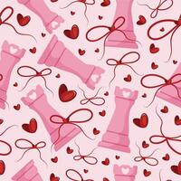 valentines day seamless pattern with chess pieces namely pink tour with red bow and red hearts on a pink background, for patterns, textile or packaging vector