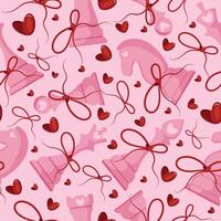 valentines day seamless pattern with pink chess pieces set on a pink background, for various textile and packaging vector