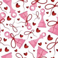 valentines day seamless pattern with chess pieces namely pink pawn with red bow and red hearts, for patterns, textile or packaging vector