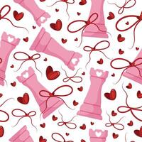 valentines day seamless pattern with chess pieces namely pink tour with red bow and red hearts, for patterns, textile or packaging vector