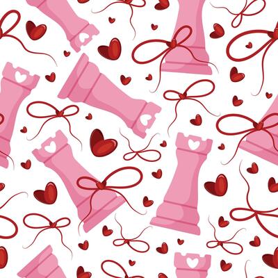 valentines day seamless pattern with chess pieces namely pink tour with red bow and red hearts, for patterns, textile or packaging