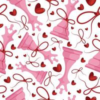 valentines day seamless pattern with chess pieces namely pink queen with red bow and red hearts, for patterns, textile or packaging vector