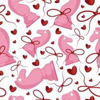 valentines day seamless pattern with chess pieces namely pink horse with red bow and red hearts, for patterns, textile or packaging vector