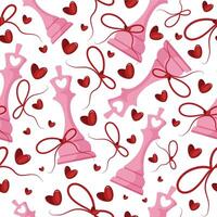 valentines day seamless pattern with chess pieces namely pink king with red bow and red hearts, for patterns, textile or packaging vector