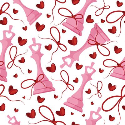 valentines day seamless pattern with chess pieces namely pink king with red bow and red hearts, for patterns, textile or packaging