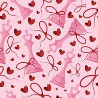 valentines day seamless pattern with chess pieces namely pink king with red bow and red hearts on a pink background, for patterns, textile or packaging vector