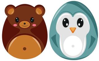 set of Easter egg templates painted with animal motifs, i.e. painted in the form of a bear and a penguin, for posters, banners or holiday cards vector