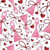 valentines day seamless pattern with chess pieces namely pink elephant with red bow and red hearts, for patterns, textile or packaging vector