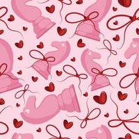 valentines day seamless pattern with chess pieces namely pink horse with red bow and red hearts on a pink background, for patterns, textile or packaging vector