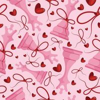 valentines day seamless pattern with chess pieces namely pink queen with red bow and red hearts on a pink background, for patterns, textile or packaging vector