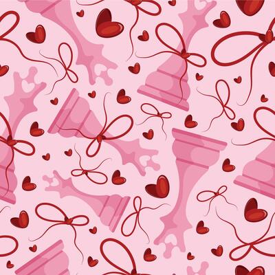 valentines day seamless pattern with chess pieces namely pink queen with red bow and red hearts on a pink background, for patterns, textile or packaging