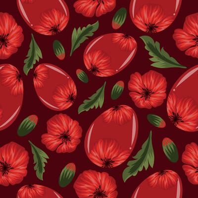 Easter seamless pattern with glass red eggs with mallow design and red mallow buds for poster, banner