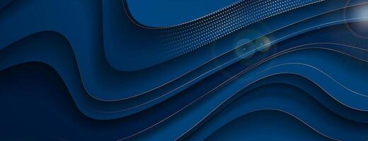 Blue wavy abstract background with golden particles and lines vector