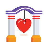 A stylized icon of an archway, an entrance, with a large, red heart hanging from it. vector