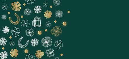 Patricks Day, clover and beer pattern on green. Hand drawn illustrations vector
