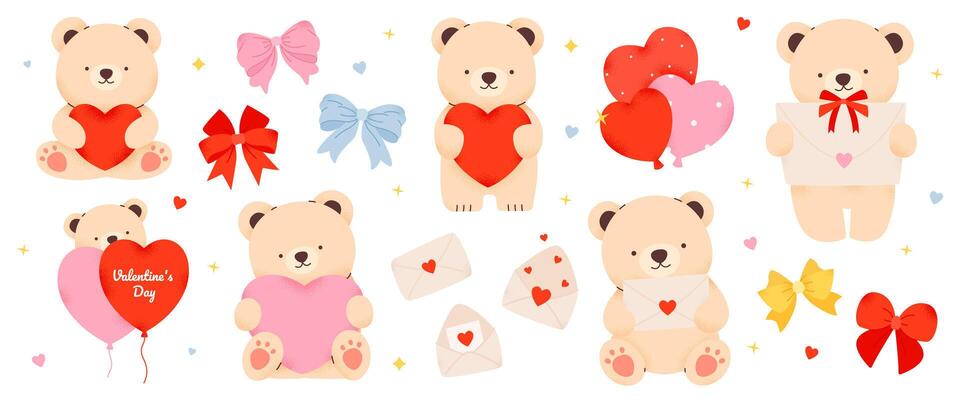 Set of cute bears with elements for Valentine's Day