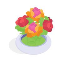 A cheerful isometric icon of a bouquet of red roses in decorative vase ,.', vector