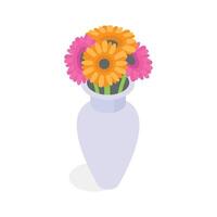 An isometric icon of a vase filled with a vibrant bouquet of orange and pink gerbera daisies vector