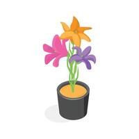 An isometric icon of a potted plant with two bright orange flowers .', vector