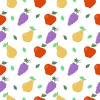 Seamless pattern with different fruits. Apple, grape, pear isolated on white background. vector