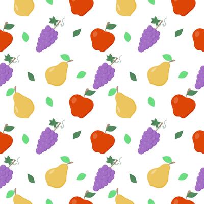 Seamless pattern with different fruits. Apple, grape, pear isolated on white background.