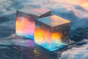 Two ice cubes with colorful lights on them photo