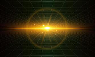 Shining gold light checkered grid planes in dark perspective . Retro futuristic depth wallpaper. Arcade game sci fi matrix surface dimension backdrop for poster, banner. vector