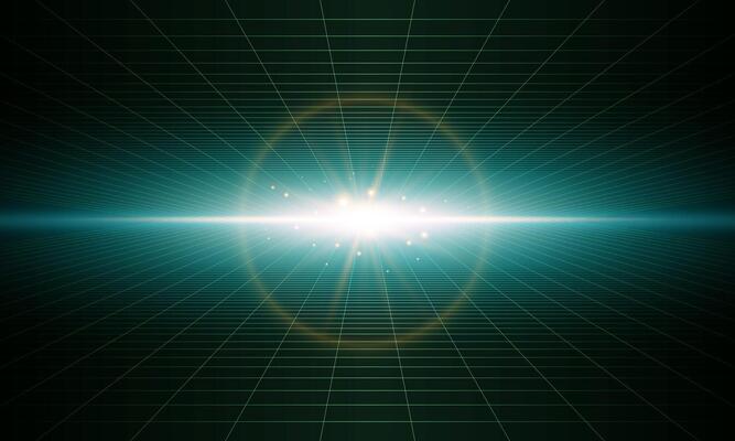 Shining light checkered grid planes in dark perspective . Retro futuristic depth wallpaper. Arcade game sci fi matrix surface backdrop.