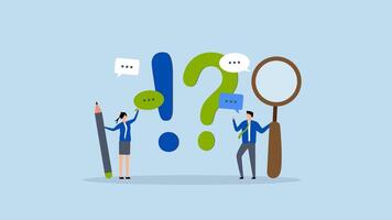 Question and answer, 4k animation of Businessman and woman with exclamation point, question mark in speech bubble dialogue. video