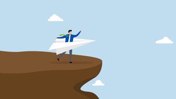 Try new idea start new business, 4k animation of entrepreneur sprinting with a paper origami plane for its initial flight. video