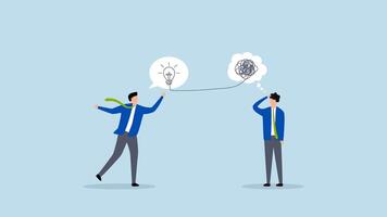 Problem solving skill to think of solution, 4k animation of perplexed entrepreneur with disorganized thoughts while others provide brilliant solutions. video