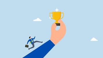 Motivation to achieve goal, 4k animation of entrepreneur sprint with complete determination to obtain trophy cup in enormous hand. video