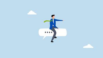Effective communication for business leader, 4k animation of happy entrepreneur on a speech bubble directing towards a goal. video
