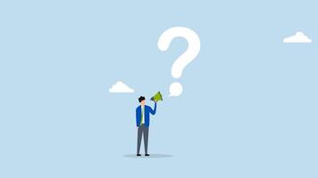 Ask question for answer, 4k animation of entrepreneur using megaphone inquiring with speech bubble featuring large question mark. video