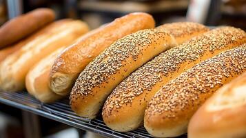 many different types of bread are on display, baked goods photo