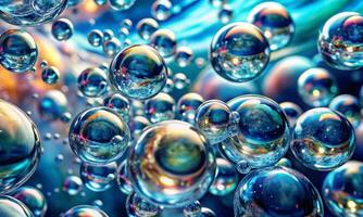 Rainbow background filled with various transparent, iridescent soap bubbles photo