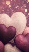3d Glittering hearts in pink, gold, red floating valentine love over shimmering burgundy backdrop, abstract evoking romantic, celebratory mood. Vertical format photo