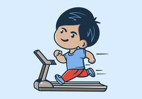 Runner boy character running on walking pad vector