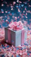 3d Pastel gift box valentine love tied with peach ribbon, adorned with falling confetti against turquoise. Vertical format photo