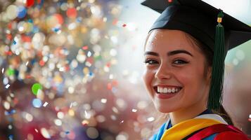Jubilant woman graduate beaming with pride, surrounded by falling multicolored confetti during university commencement marking academic milestone confetti photo